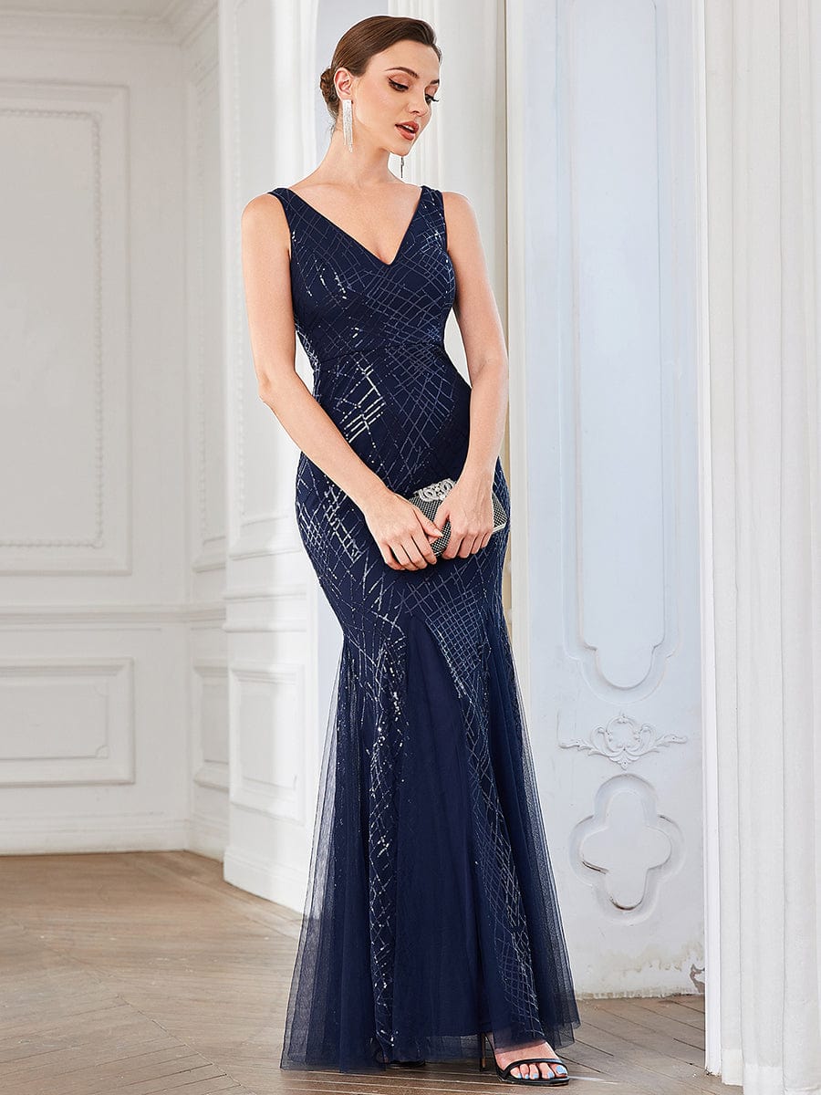 Sleeveless Metallic Caged Lace-Up Bodycon Asymmetric Evening Dress #Color_Navy Blue
