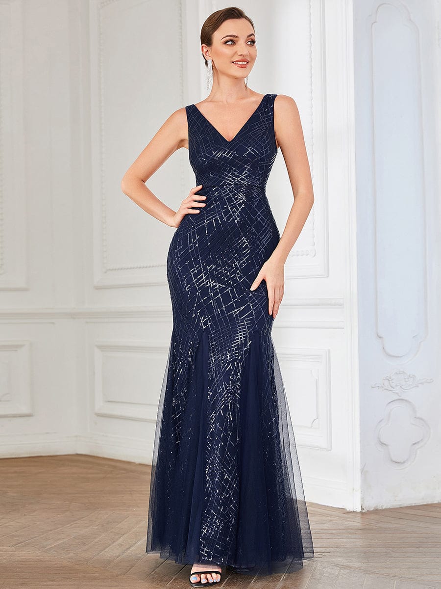 Sleeveless Metallic Caged Lace-Up Bodycon Asymmetric Evening Dress #Color_Navy Blue Sleeveless Metallic Caged Lace-Up Bodycon Asymmetric Evening Dress
