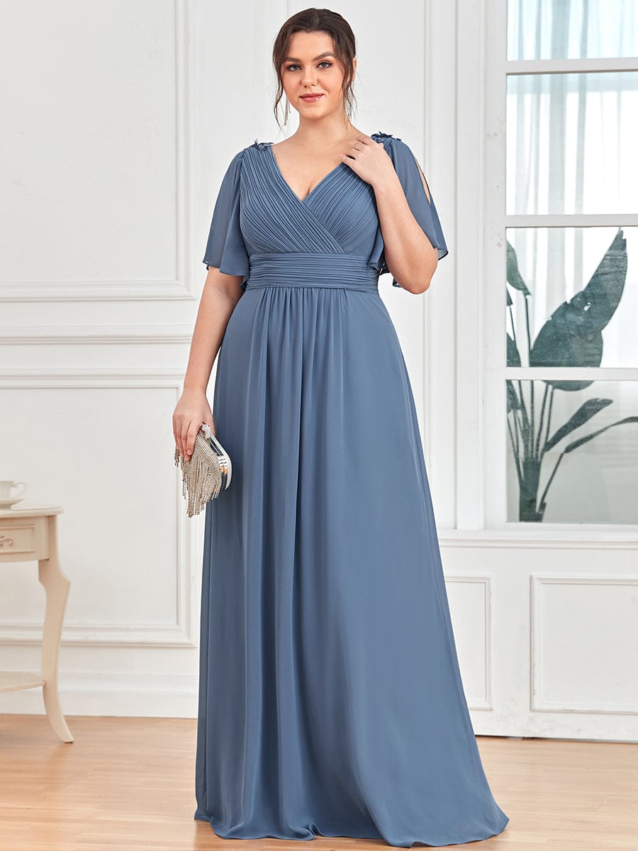 Plus Size Empire Waist Short Sleeve Pleated Chiffon Evening Dress #color_Dusty Navy Plus Size Empire Waist Short Sleeve Pleated Chiffon Evening Dress
