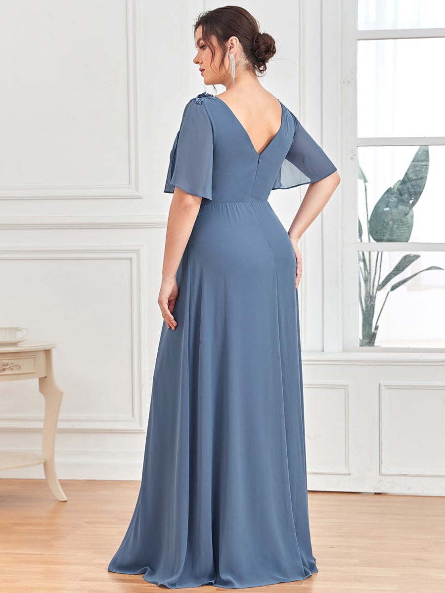 Plus Size Empire Waist Short Sleeve Pleated Chiffon Evening Dress #color_Dusty Navy Plus Size Empire Waist Short Sleeve Pleated Chiffon Evening Dress
