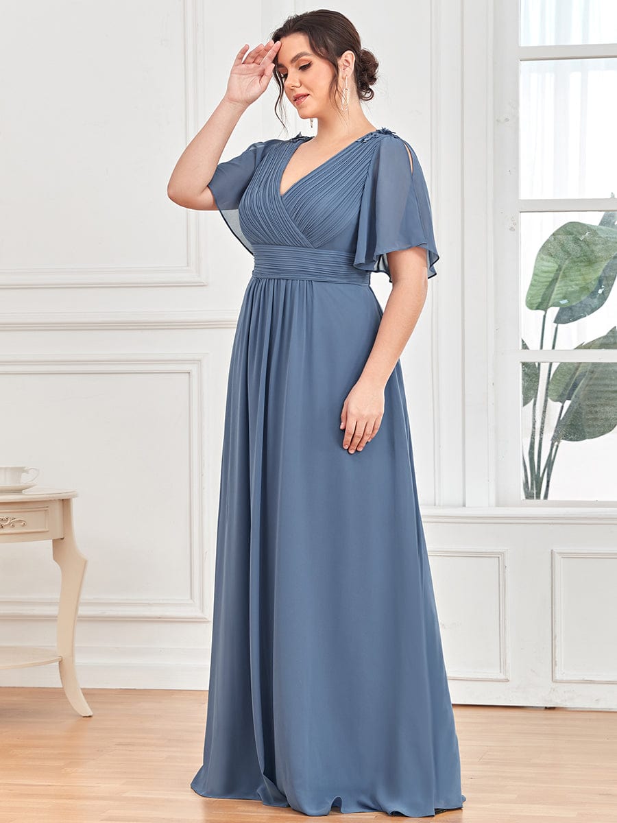 Plus Size Empire Waist Short Sleeve Pleated Chiffon Evening Dress #color_Dusty Navy Plus Size Empire Waist Short Sleeve Pleated Chiffon Evening Dress