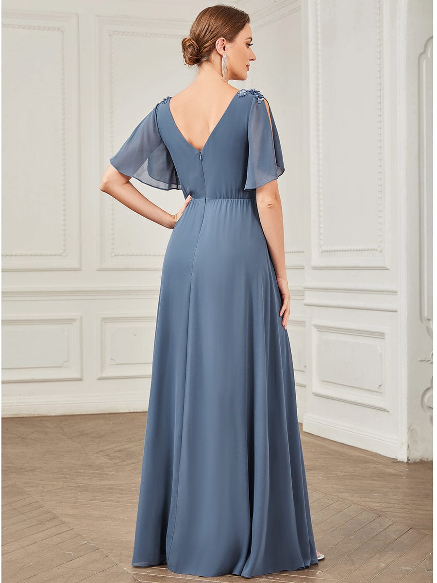 Chiffon Pleated V-Neck Sequin Applique Evening Dress #Color_Dusty Navy