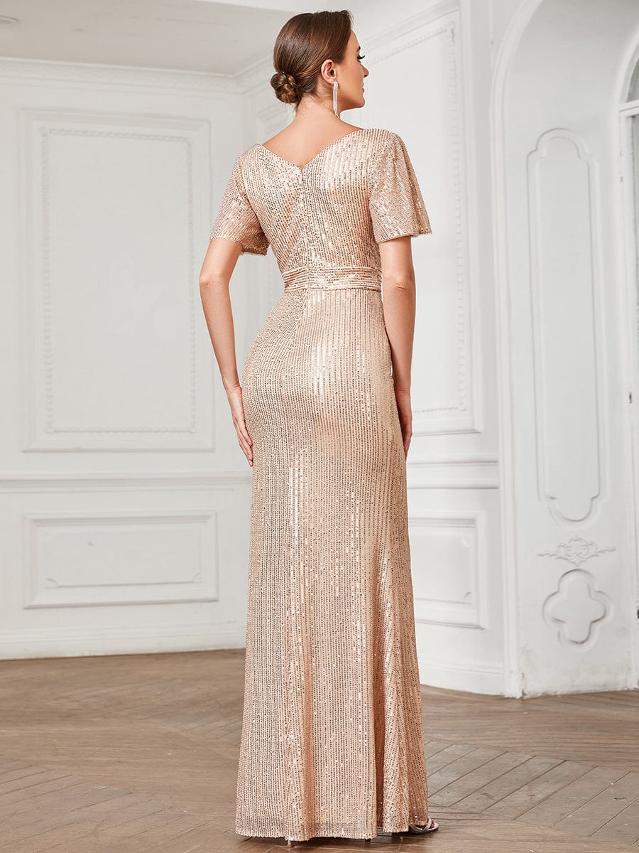 Sequin V-Neck Short Sleeve Empire Waist Evening Dress #color_Rose Gold