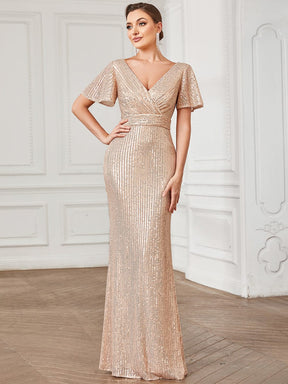 Sequin V-Neck Short Sleeve Empire Waist Evening Dress