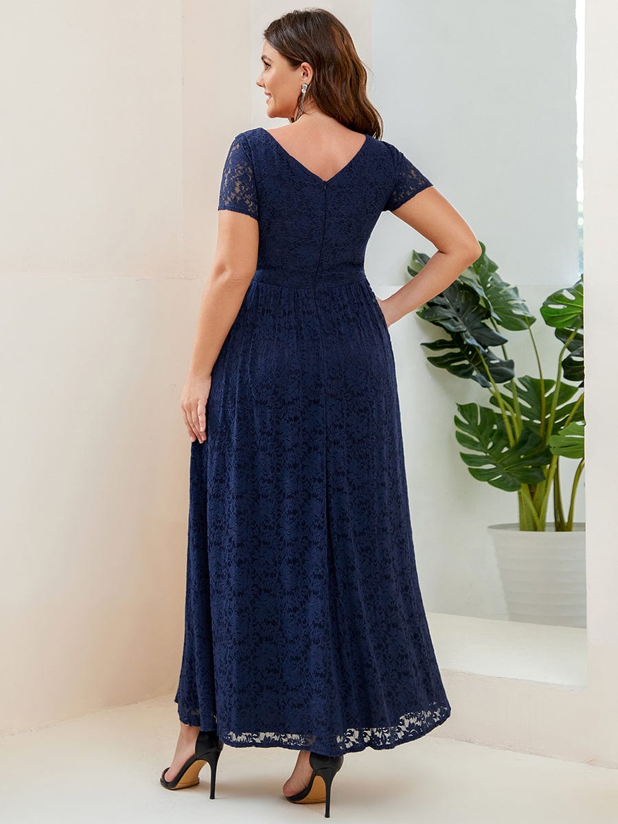 A-Line Short Sleeve V-Neck Lace Evening Dress #Color_Navy Blue Plus Size A-Line Short Sleeve V-Neck Lace Evening Dress