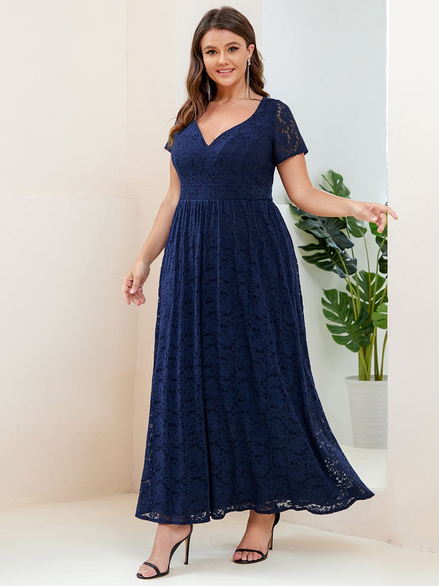A-Line Short Sleeve V-Neck Lace Evening Dress #Color_Navy Blue Plus Size A-Line Short Sleeve V-Neck Lace Evening Dress