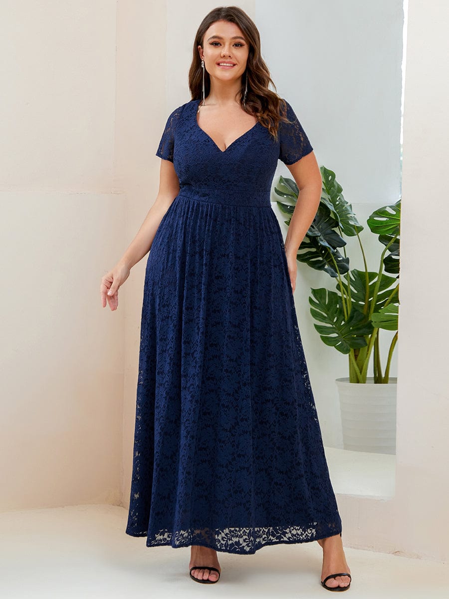 A-Line Short Sleeve V-Neck Lace Evening Dress #Color_Navy Blue Plus Size A-Line Short Sleeve V-Neck Lace Evening Dress