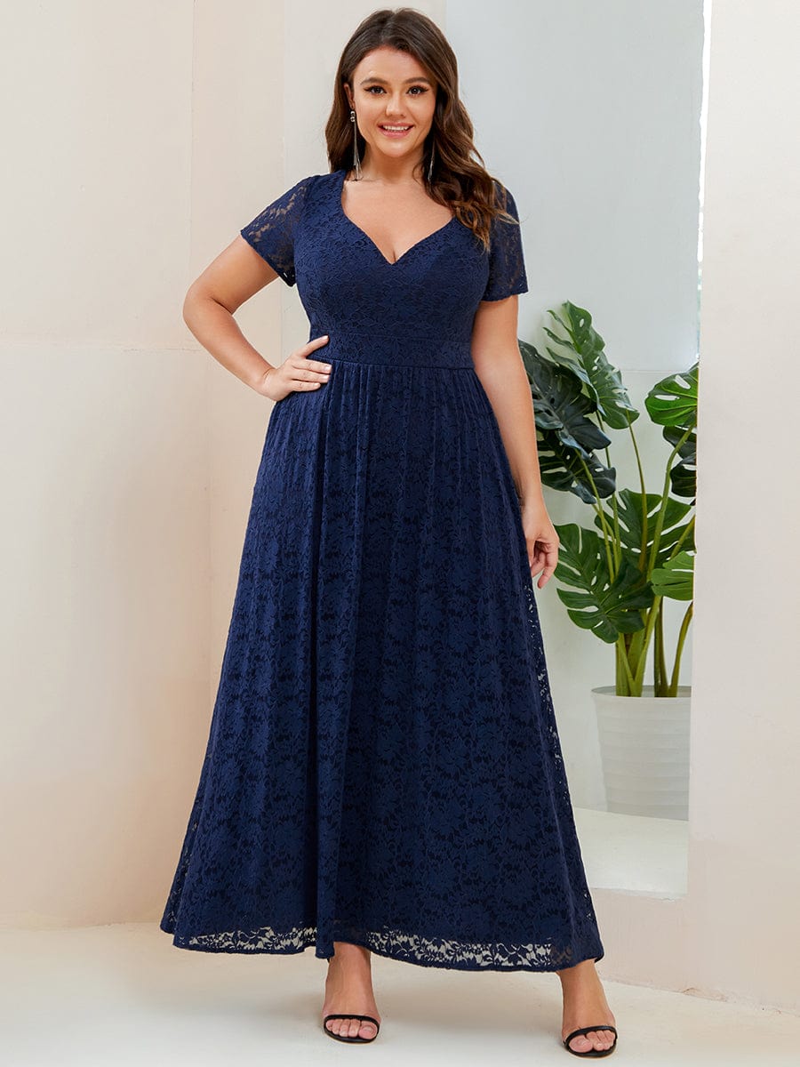 A-Line Short Sleeve V-Neck Lace Evening Dress #Color_Navy Blue Plus Size A-Line Short Sleeve V-Neck Lace Evening Dress