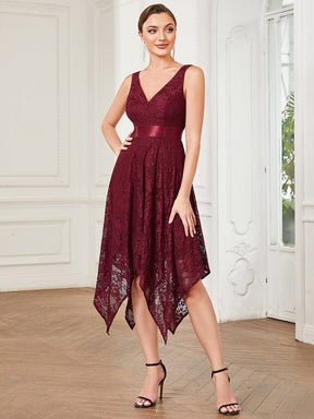 Lace Sleeveless Ribbon Waist Asymmetrical Hem Evening Dress