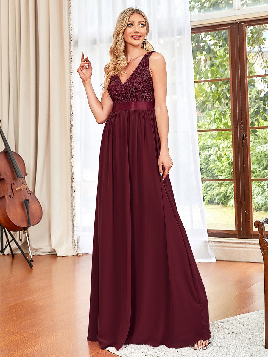 Sequin Sleeveless Plunging V-Neck Ribbon Waist Chiffon A-Line Evening Dress #color_Burgundy Sequin Sleeveless Plunging V-Neck Ribbon Waist Chiffon A-Line Evening Dress