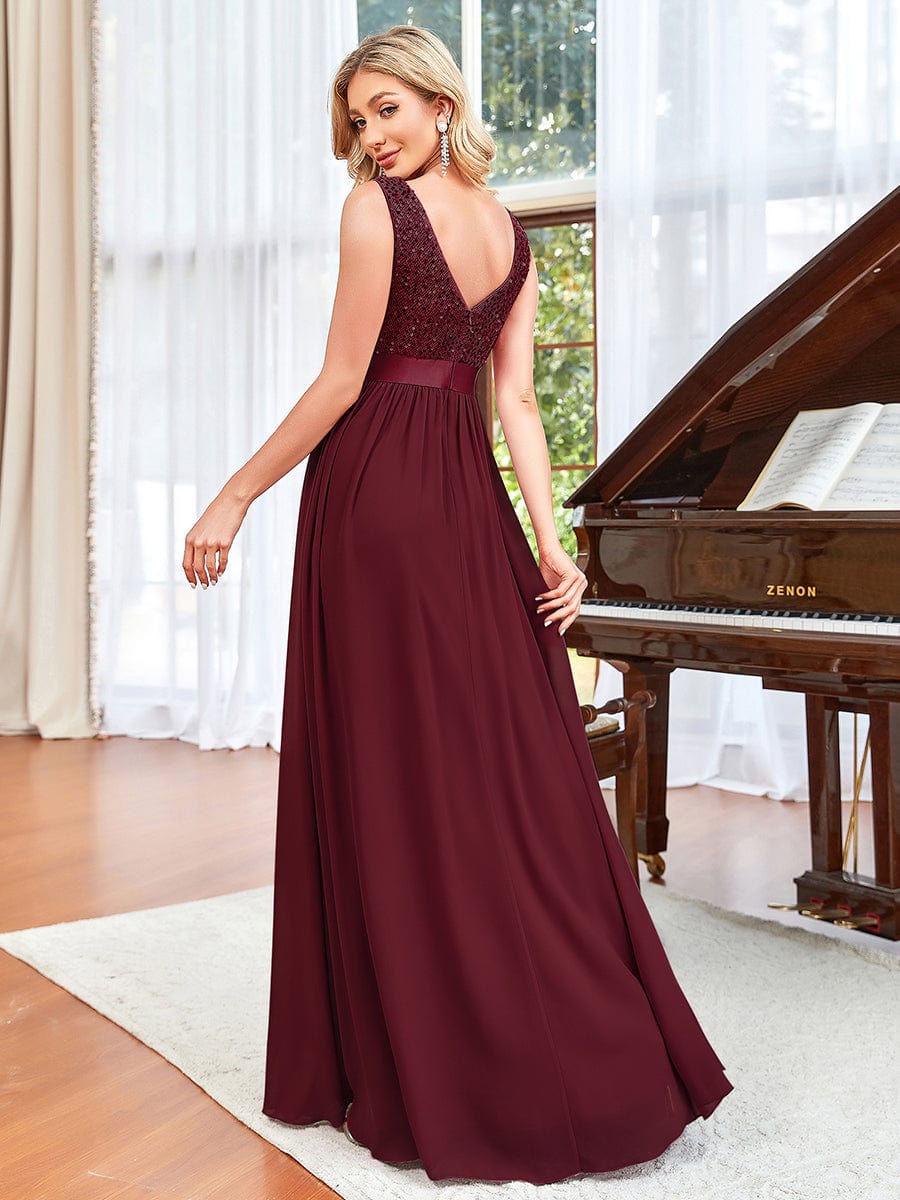 Sequin Sleeveless Plunging V-Neck Ribbon Waist Chiffon A-Line Evening Dress #color_Burgundy Sequin Sleeveless Plunging V-Neck Ribbon Waist Chiffon A-Line Evening Dress