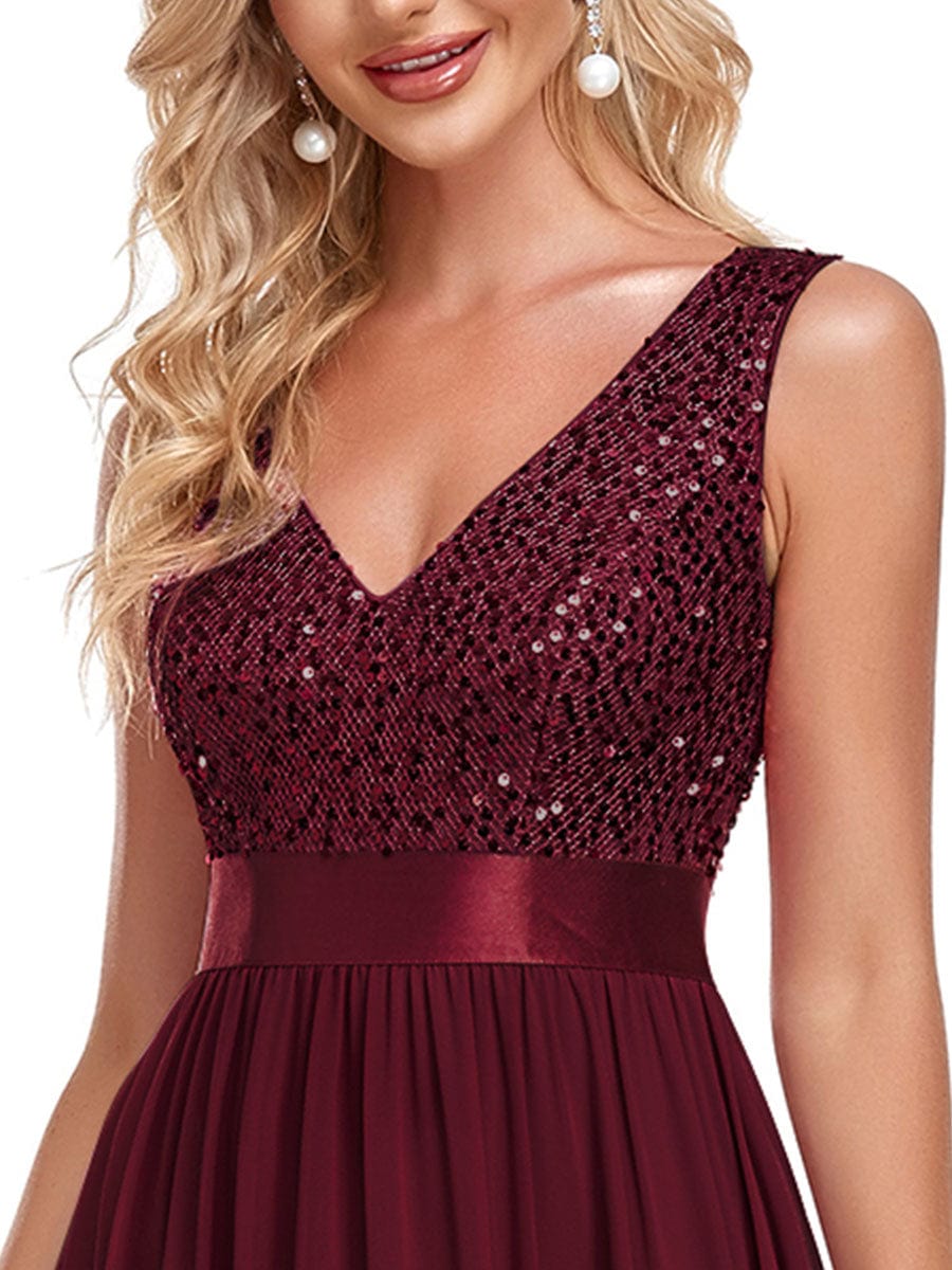Sequin Sleeveless Plunging V-Neck Ribbon Waist Chiffon A-Line Evening Dress #color_Burgundy Sequin Sleeveless Plunging V-Neck Ribbon Waist Chiffon A-Line Evening Dress