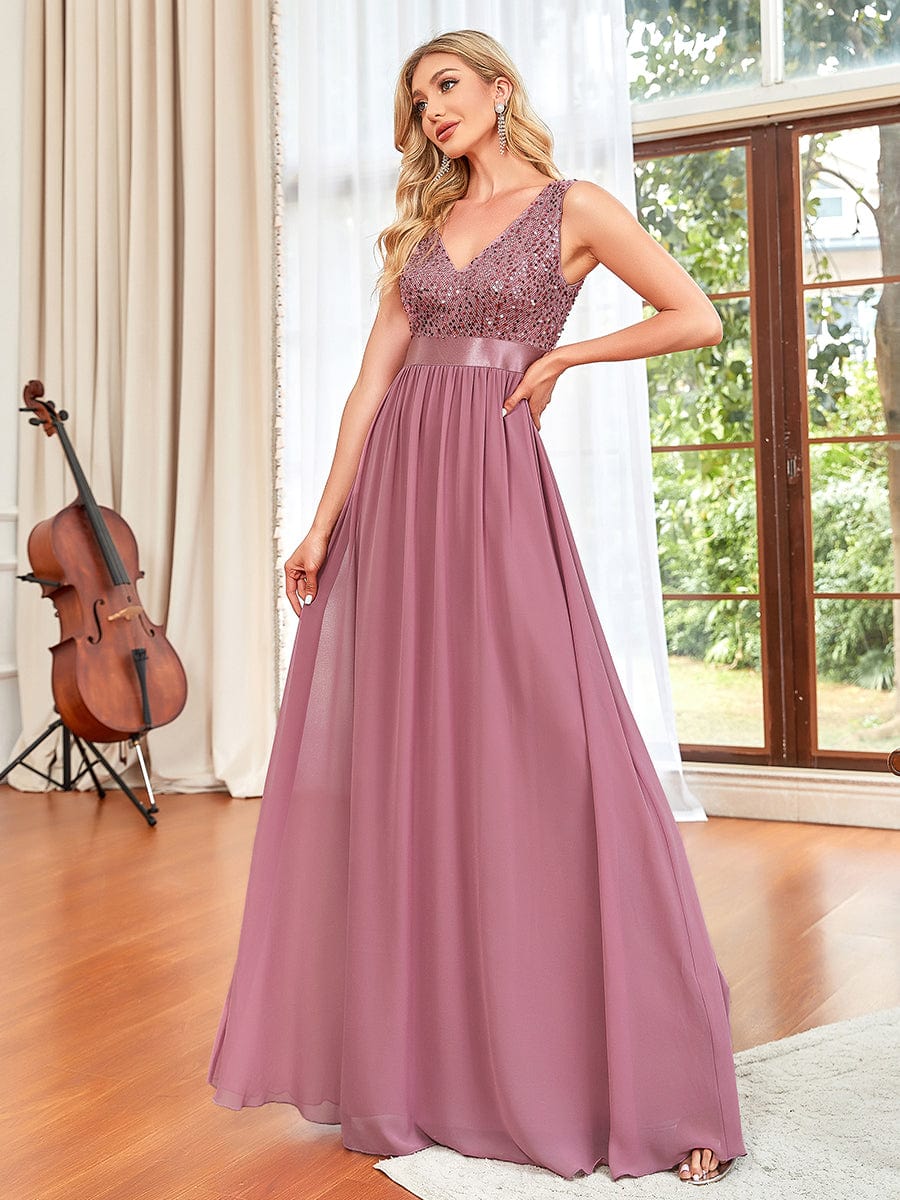 Sequin Sleeveless Plunging V-Neck Ribbon Waist Chiffon A-Line Evening Dress #color_Burgundy Sequin Sleeveless Plunging V-Neck Ribbon Waist Chiffon A-Line Evening Dress