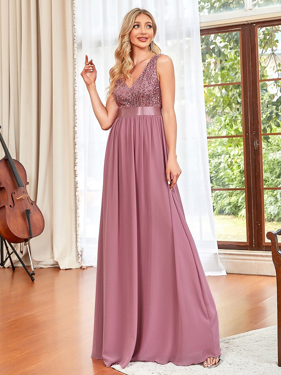 Sequin Sleeveless Plunging V-Neck Ribbon Waist Chiffon A-Line Evening Dress #color_Burgundy Sequin Sleeveless Plunging V-Neck Ribbon Waist Chiffon A-Line Evening Dress
