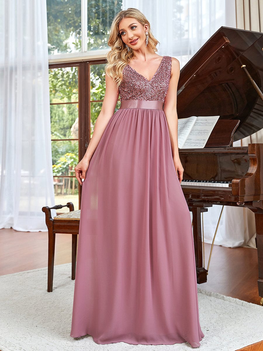 Sequin Sleeveless Plunging V-Neck Ribbon Waist Chiffon A-Line Evening Dress #color_Burgundy Sequin Sleeveless Plunging V-Neck Ribbon Waist Chiffon A-Line Evening Dress