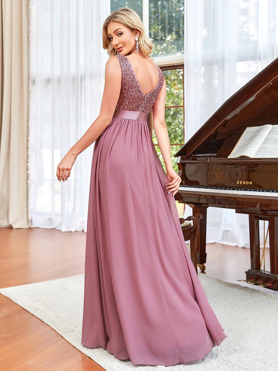Sequin Sleeveless Plunging V-Neck Ribbon Waist Chiffon A-Line Evening Dress #color_Burgundy Sequin Sleeveless Plunging V-Neck Ribbon Waist Chiffon A-Line Evening Dress
