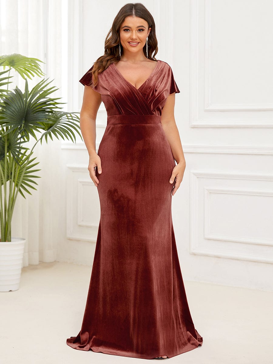 Velvet Pleated V-Neck Cap Sleeve Evening Dress #Color_Brick Red Velvet Pleated V-Neck Cap Sleeve Evening Dress