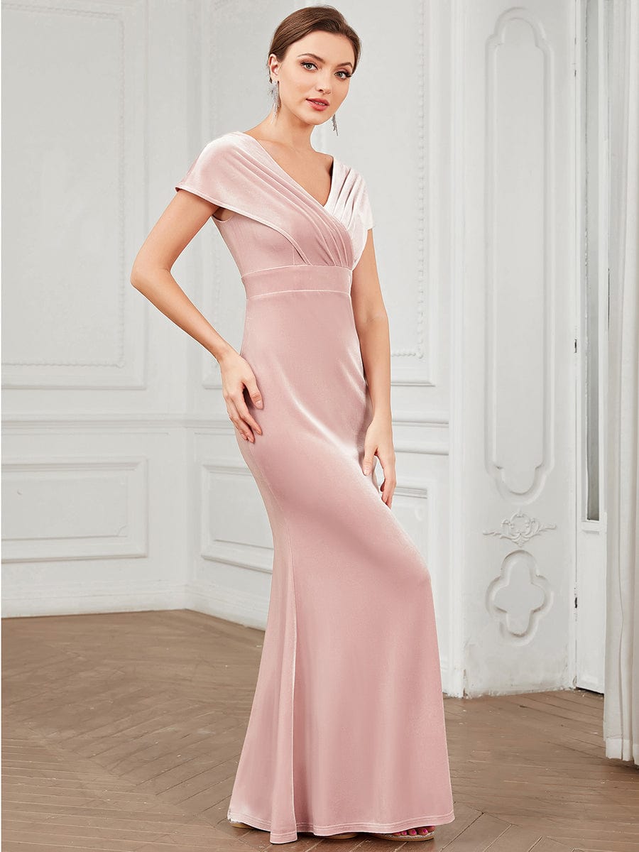 Velvet Pleated V-Neck Cap Sleeve Evening Dress #Color_Brick Red Velvet Pleated V-Neck Cap Sleeve Evening Dress
