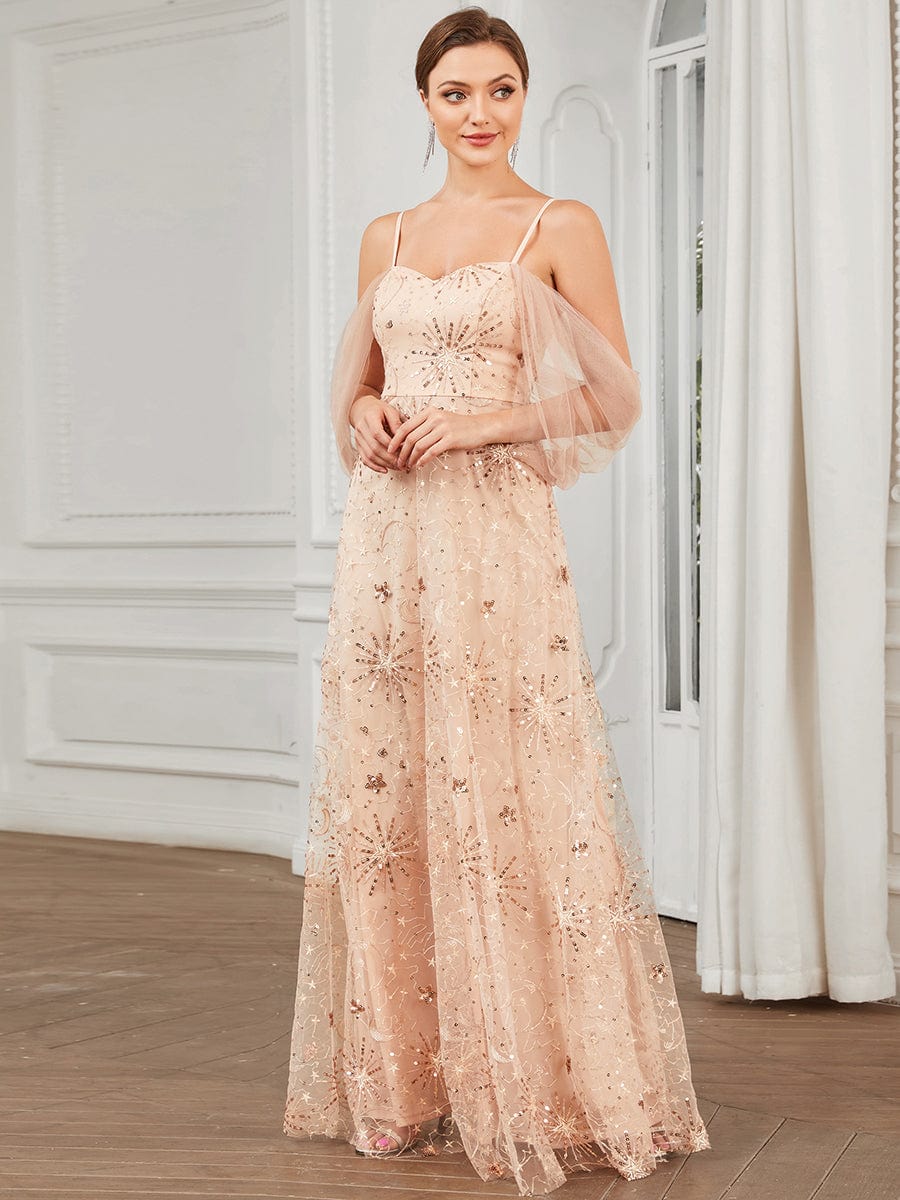 Draped Tulle Cold Shoulder Sequin A-Line Evening Dress #color_Rose Gold Draped Tulle Cold Shoulder Sequin A-Line Evening Dress