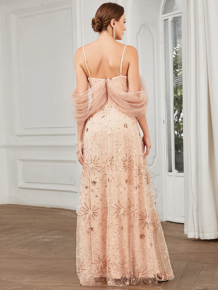 Draped Tulle Cold Shoulder Sequin A-Line Evening Dress #color_Rose Gold Draped Tulle Cold Shoulder Sequin A-Line Evening Dress