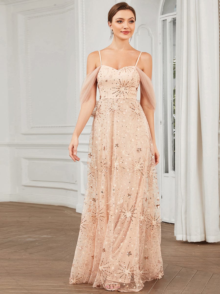 Draped Tulle Cold Shoulder Sequin A-Line Evening Dress #color_Rose Gold Draped Tulle Cold Shoulder Sequin A-Line Evening Dress