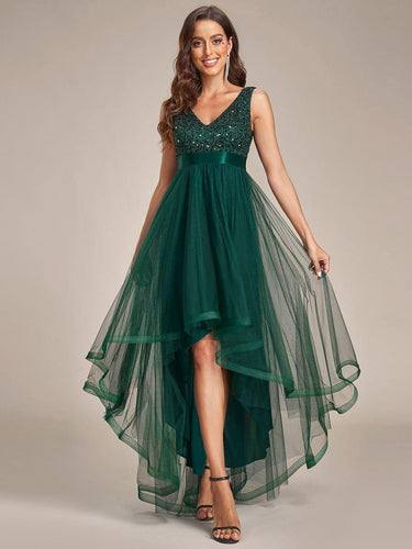 ever CALLIE|Sequin Bodice Tulle High-Low Evening Dress with Ribbon Waist