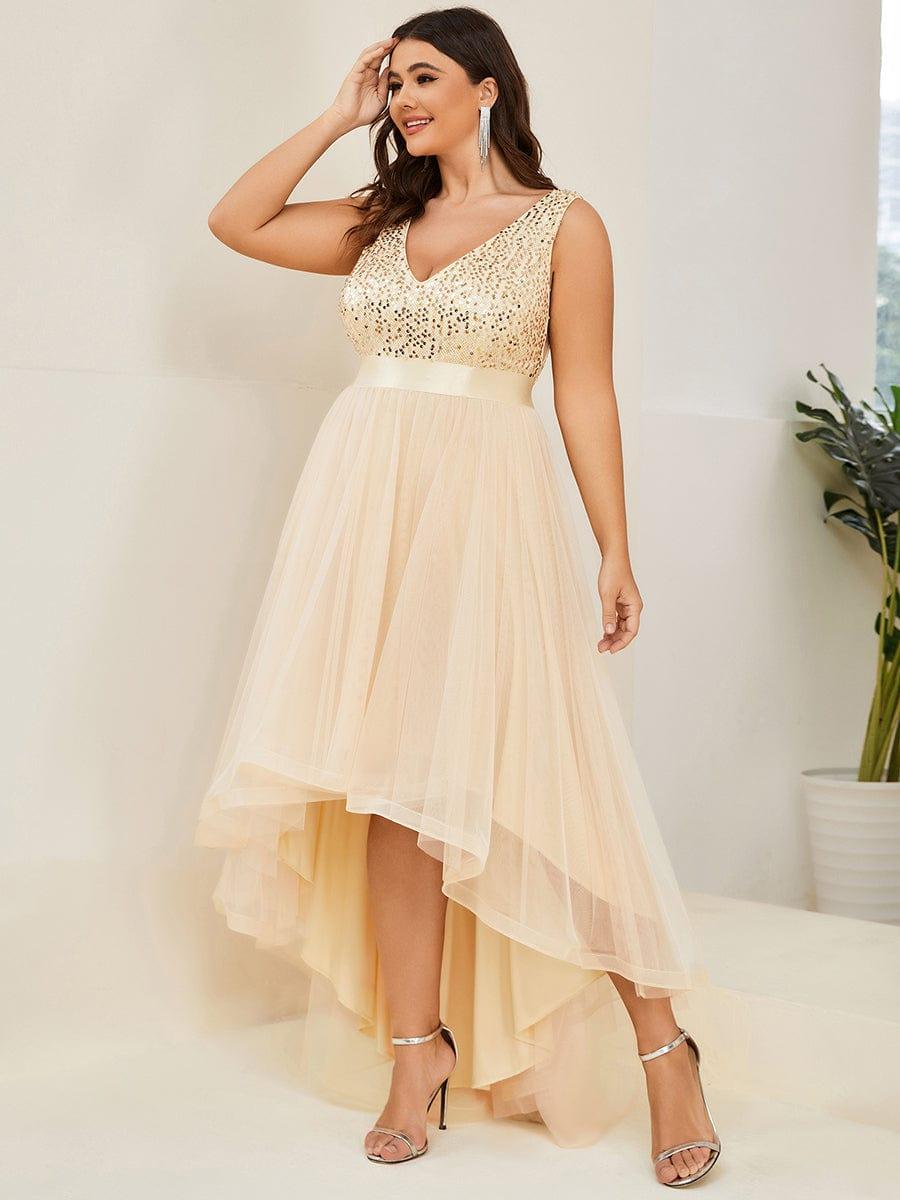 Plus Size Sleeveless Sequin Ribbon Waist Tulle High Low Evening Dress #color_Gold