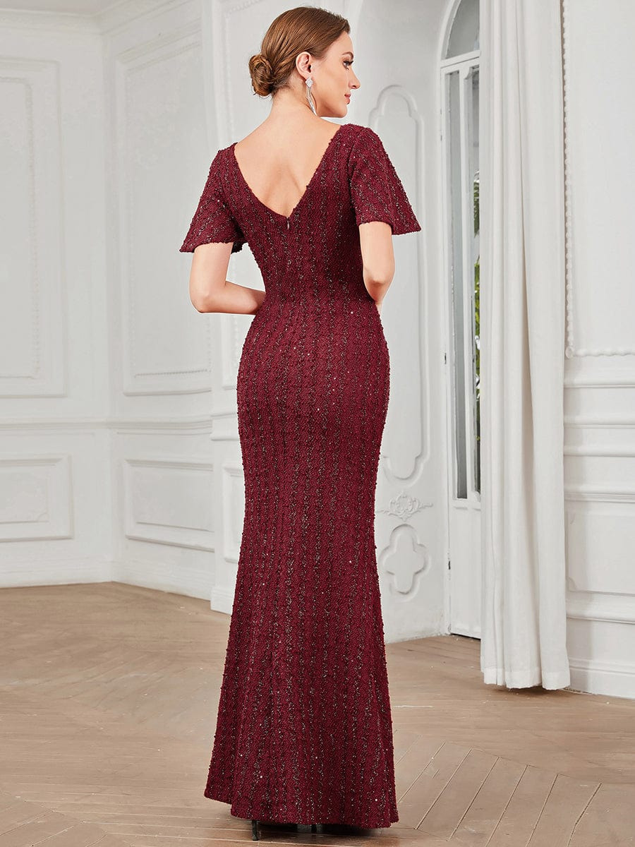 V-Neck Short Sleeve Sequin Striped Floor-Length Bodycon Evening Dress #Color_Burgundy V-Neck Short Sleeve Sequin Striped Floor-Length Bodycon Evening Dress