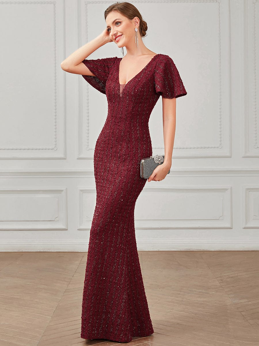 V-Neck Short Sleeve Sequin Striped Floor-Length Bodycon Evening Dress #Color_Burgundy V-Neck Short Sleeve Sequin Striped Floor-Length Bodycon Evening Dress
