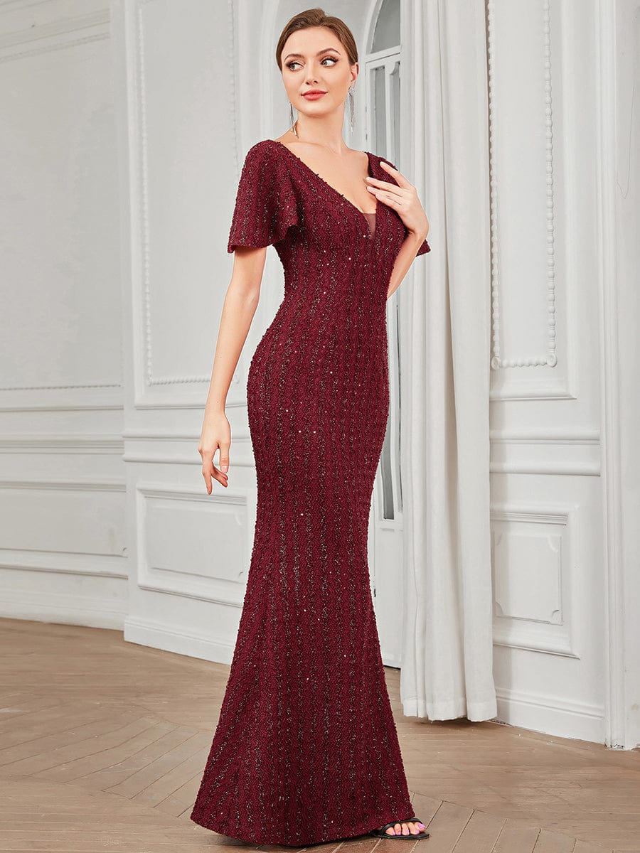 V-Neck Short Sleeve Sequin Striped Floor-Length Bodycon Evening Dress #Color_Burgundy V-Neck Short Sleeve Sequin Striped Floor-Length Bodycon Evening Dress