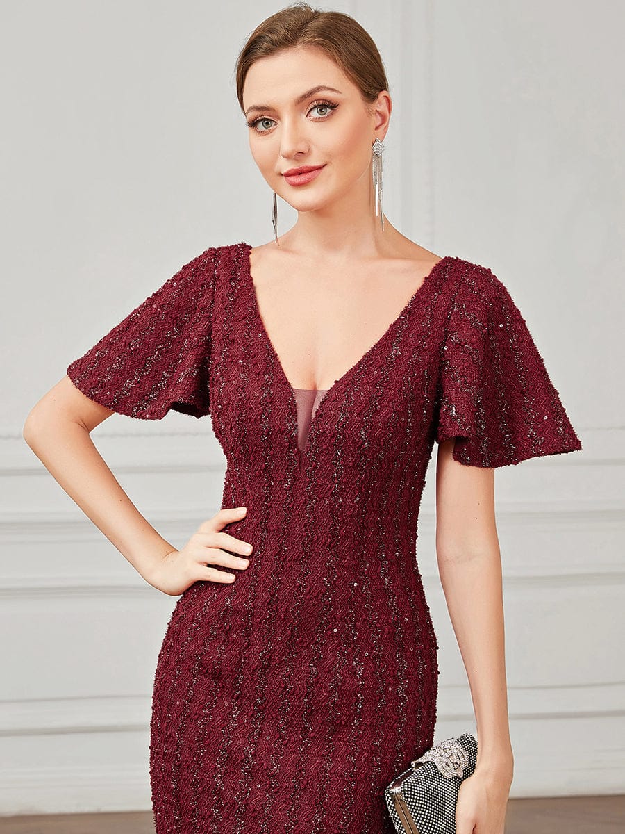V-Neck Short Sleeve Sequin Striped Floor-Length Bodycon Evening Dress #Color_Burgundy V-Neck Short Sleeve Sequin Striped Floor-Length Bodycon Evening Dress