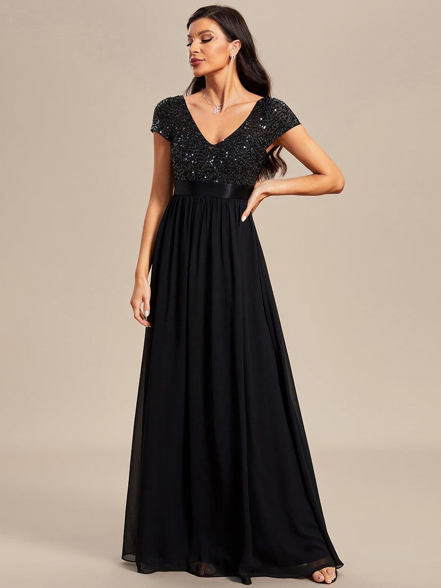 Empire Waist V-Neck Cap Sleeve Chiffon Evening Dress #color_Black