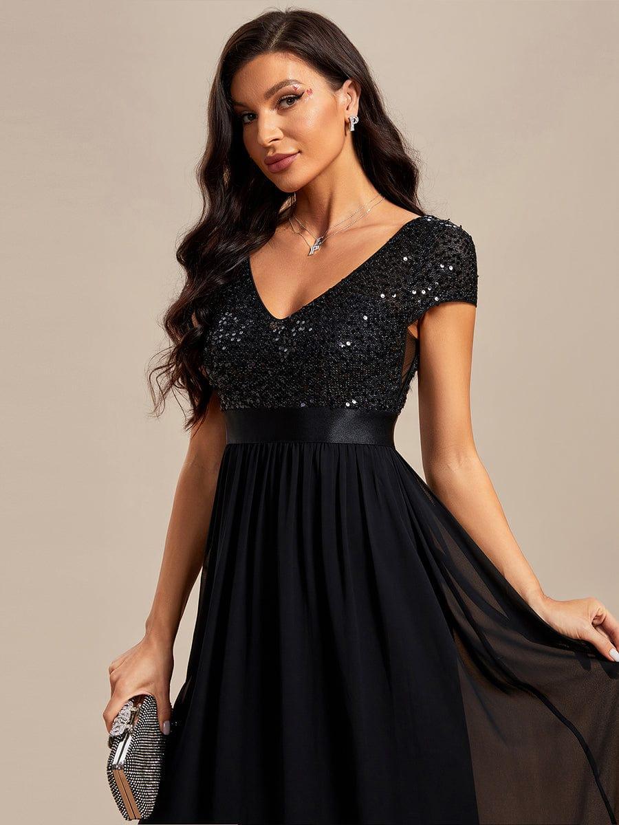Empire Waist V-Neck Cap Sleeve Chiffon Evening Dress #color_Black