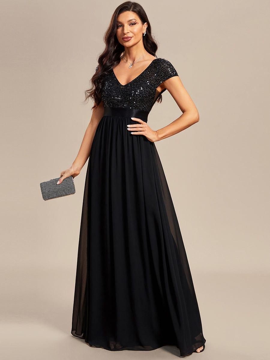 Empire Waist V-Neck Cap Sleeve Chiffon Evening Dress #color_Black