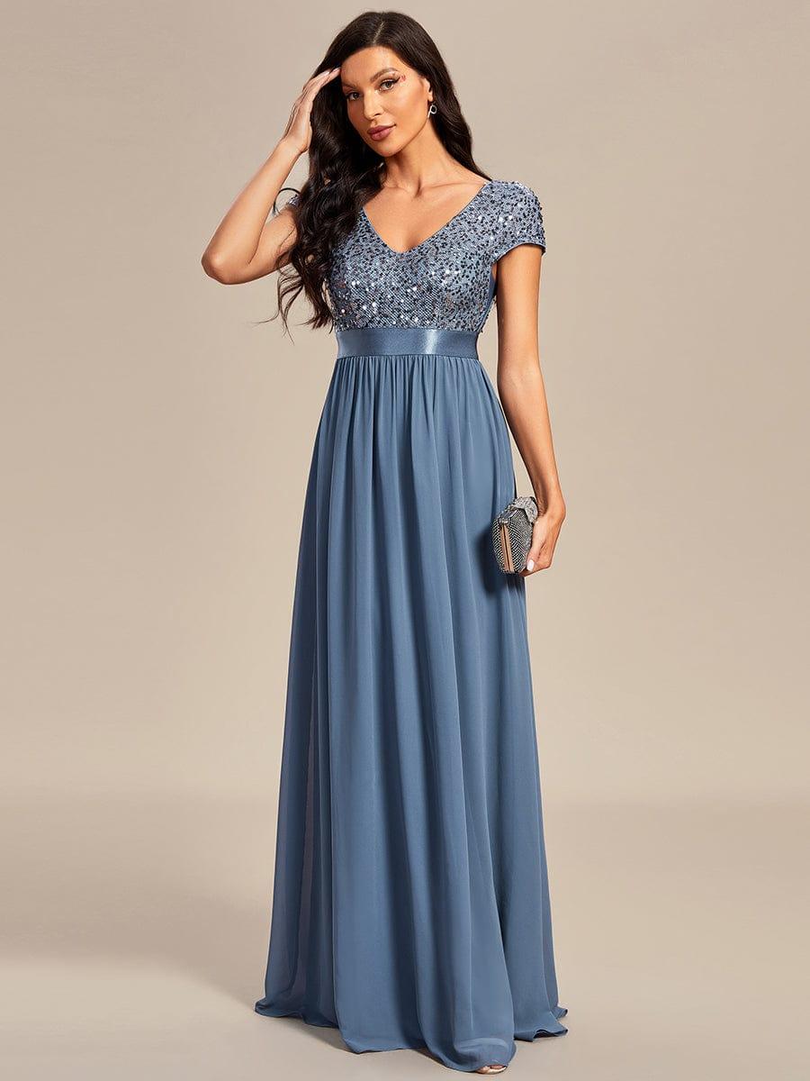 Empire Waist V-Neck Cap Sleeve Chiffon Evening Dress #color_Dusty Blue