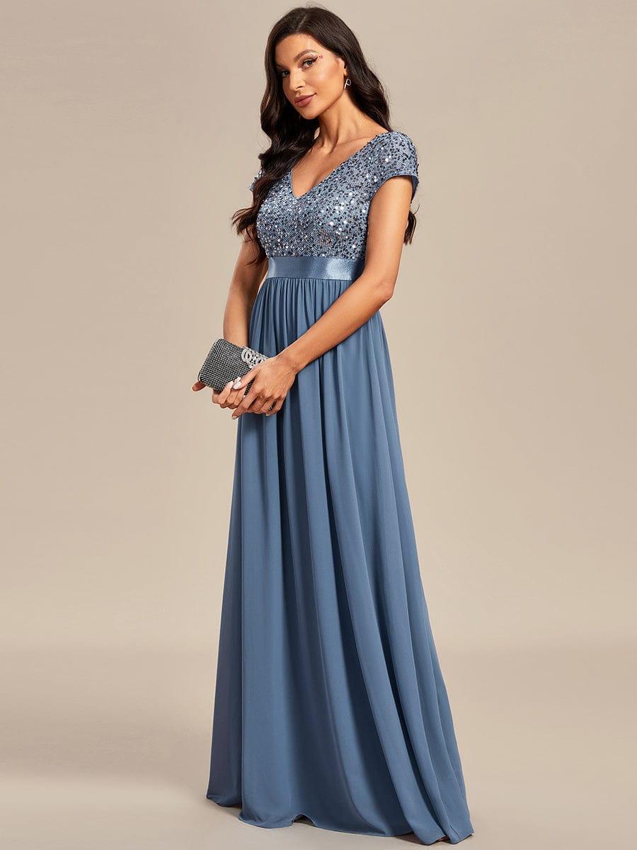 Empire Waist V-Neck Cap Sleeve Chiffon Evening Dress #color_Dusty Blue