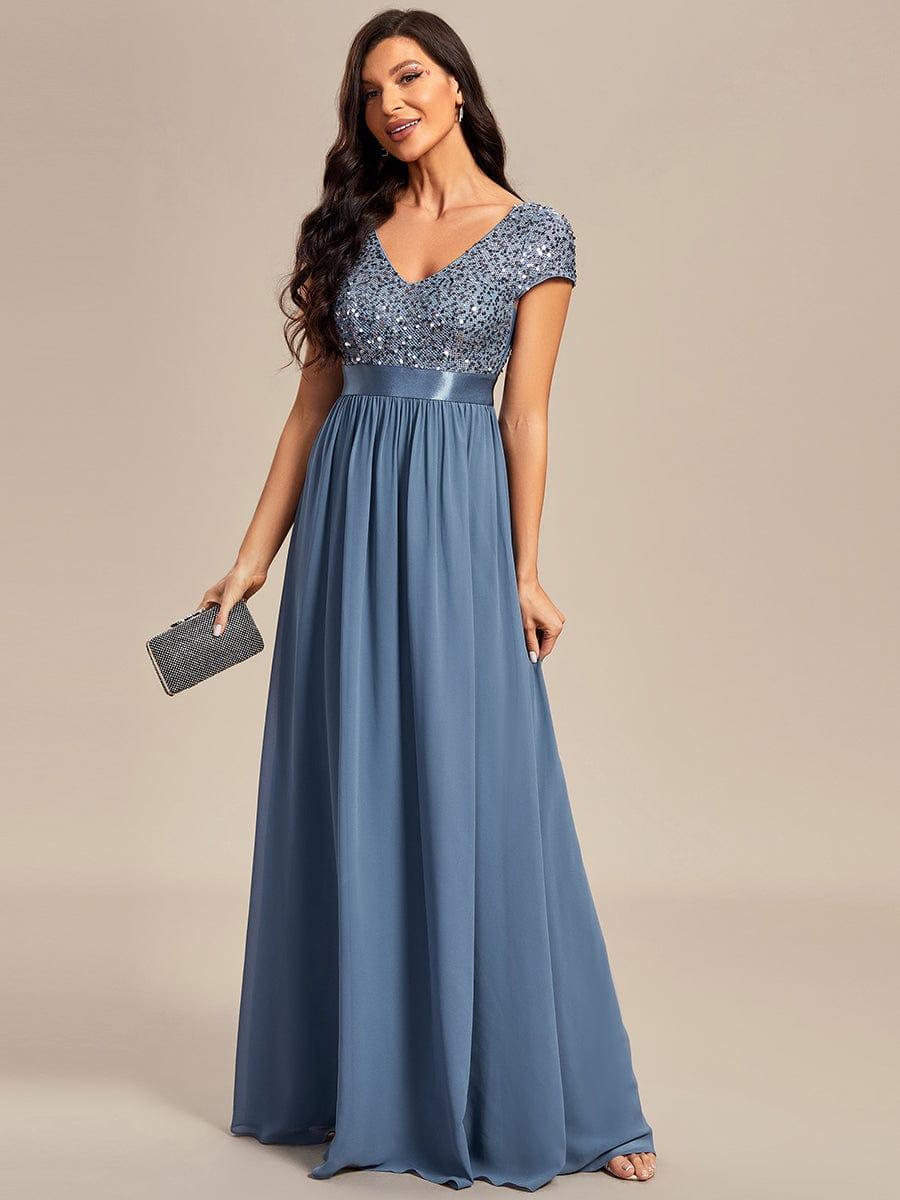 Empire Waist V-Neck Cap Sleeve Chiffon Evening Dress #color_Dusty Blue