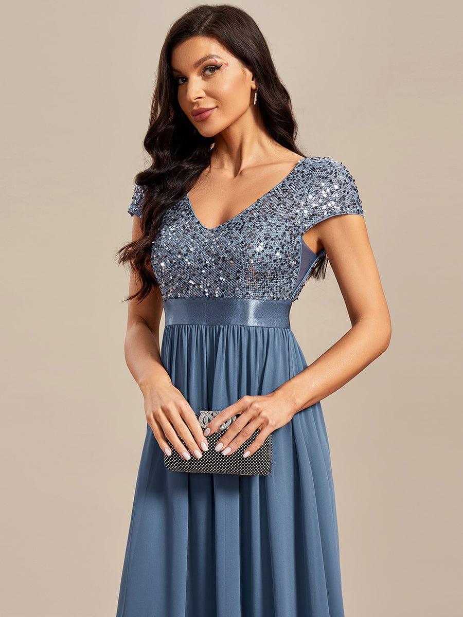 Empire Waist V-Neck Cap Sleeve Chiffon Evening Dress #color_Dusty Blue
