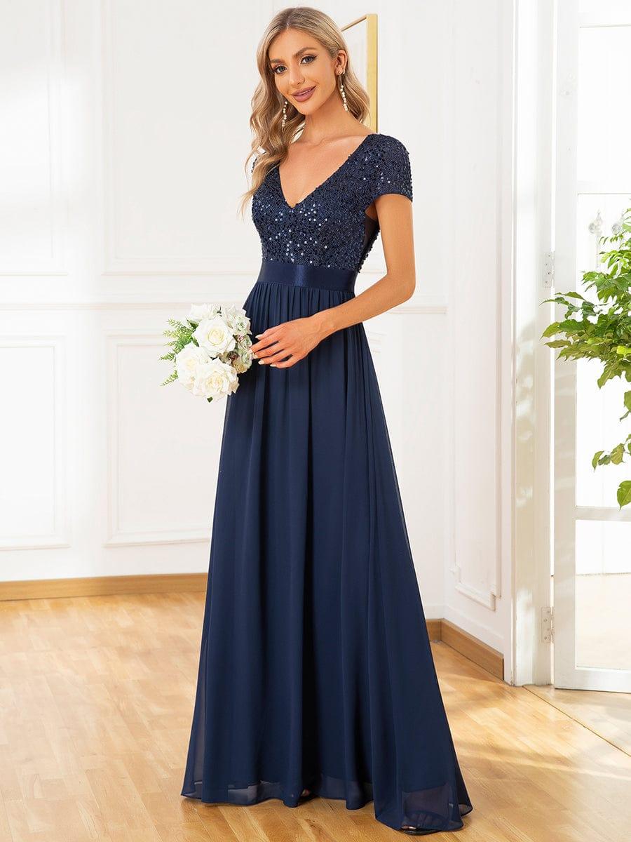 Empire Waist V-Neck Cap Sleeve Chiffon Evening Dress #color_Navy Blue