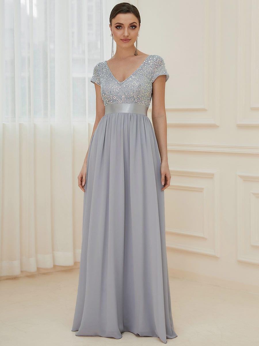 Empire Waist V-Neck Cap Sleeve Chiffon Evening Dress #color_Silver