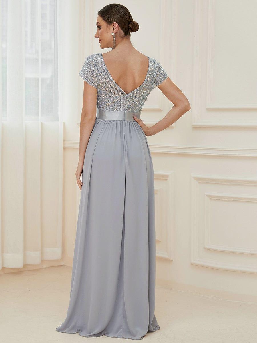 Empire Waist V-Neck Cap Sleeve Chiffon Evening Dress #color_Silver