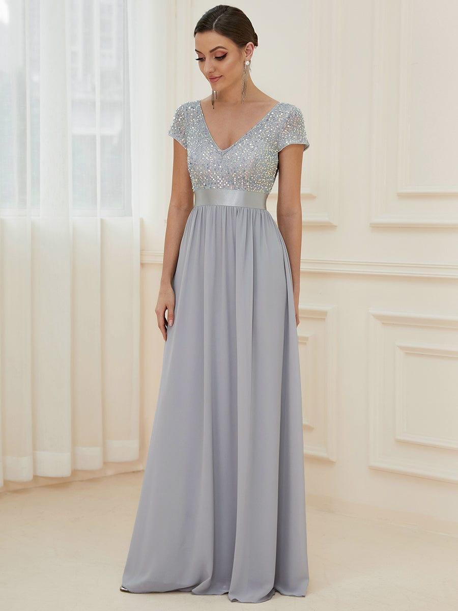 Empire Waist V-Neck Cap Sleeve Chiffon Evening Dress #color_Silver