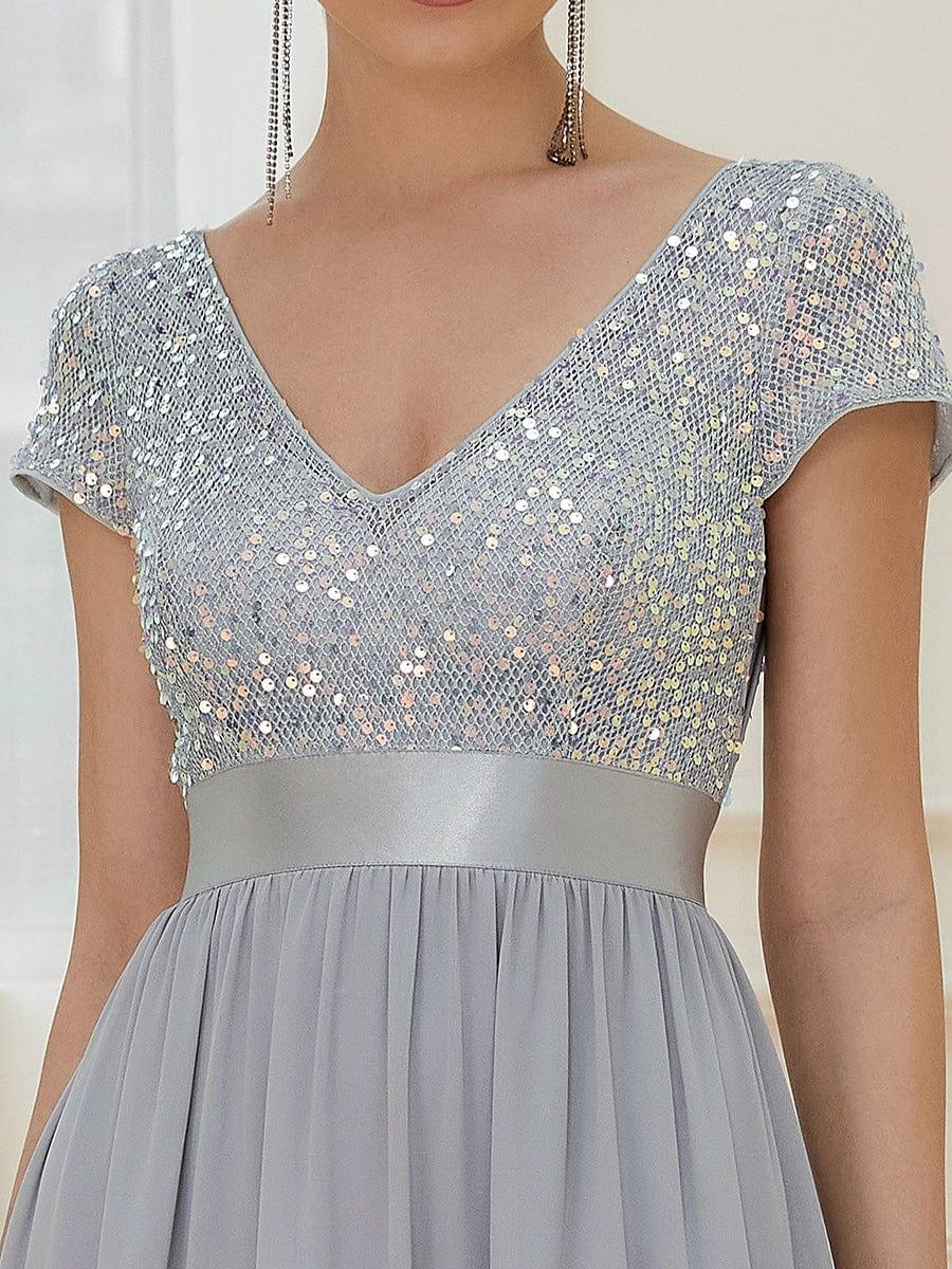 Empire Waist V-Neck Cap Sleeve Chiffon Evening Dress #color_Silver