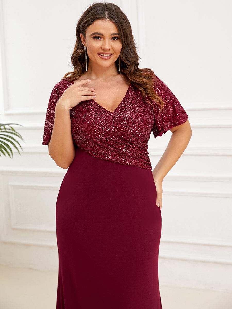 Plus Size Top Cinched Waist Column Sequin Evening Dress #Color_Burgundy Plus Size Top Cinched Waist Column Sequin Evening Dress