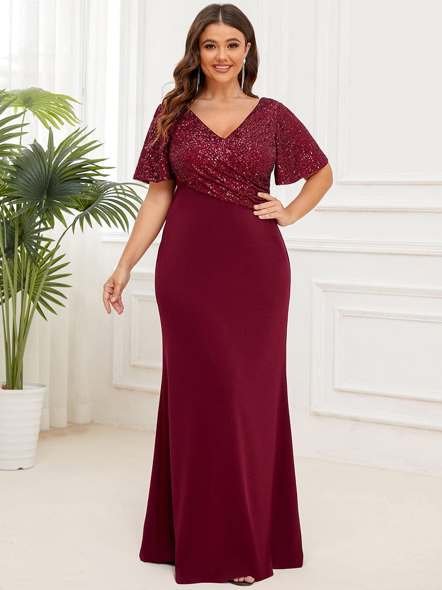 Plus Size Top Cinched Waist Column Sequin Evening Dress #Color_Burgundy Plus Size Top Cinched Waist Column Sequin Evening Dress