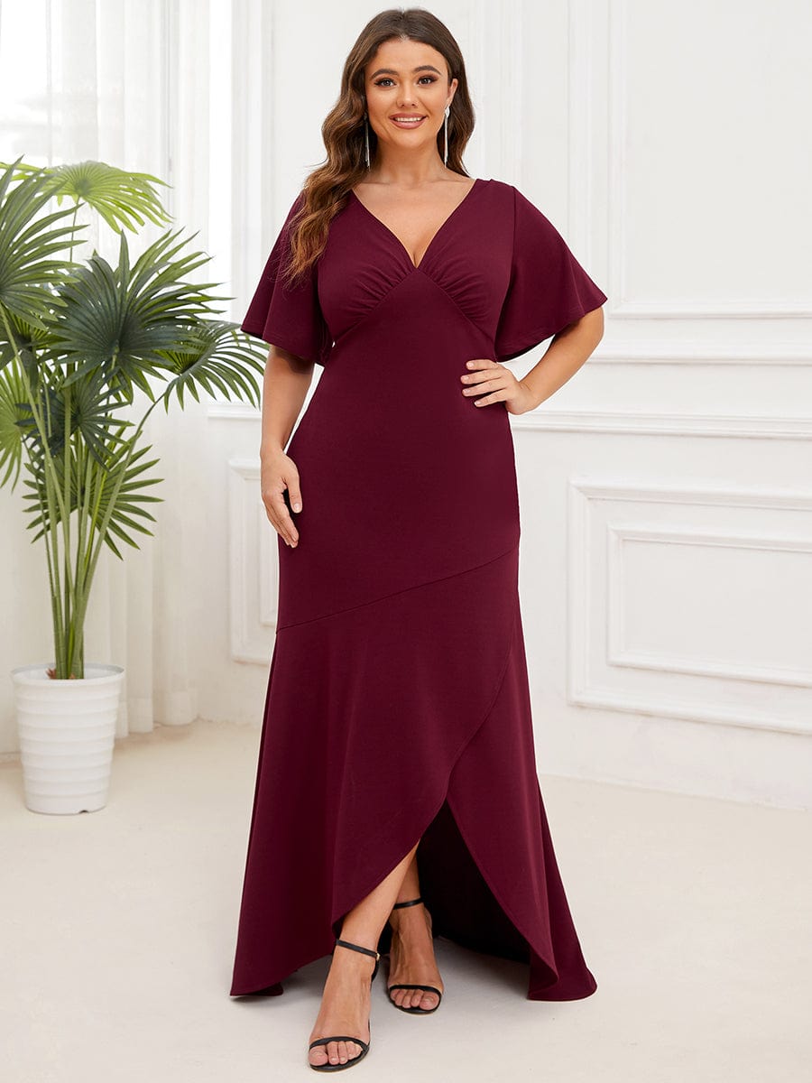 Plus Size V-Neck Pleated Short Sleeve Ruffled Front Slit Evening Dress #color_Burgundy Plus Size V-Neck Pleated Short Sleeve Ruffled Front Slit Evening Dress