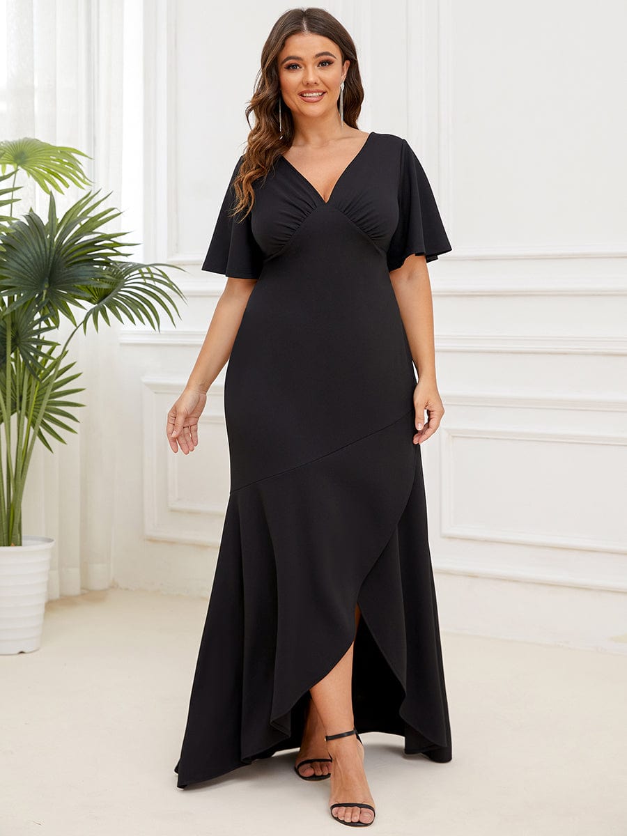Plus Size V-Neck Pleated Short Sleeve Ruffled Front Slit Evening Dress #color_Burgundy Plus Size V-Neck Pleated Short Sleeve Ruffled Front Slit Evening Dress