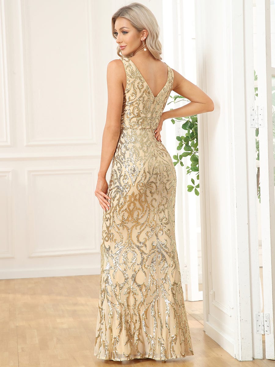 V-Neck Sleeveless Bodycon Floor-Length Sequin Evening Dress #Color_Gold