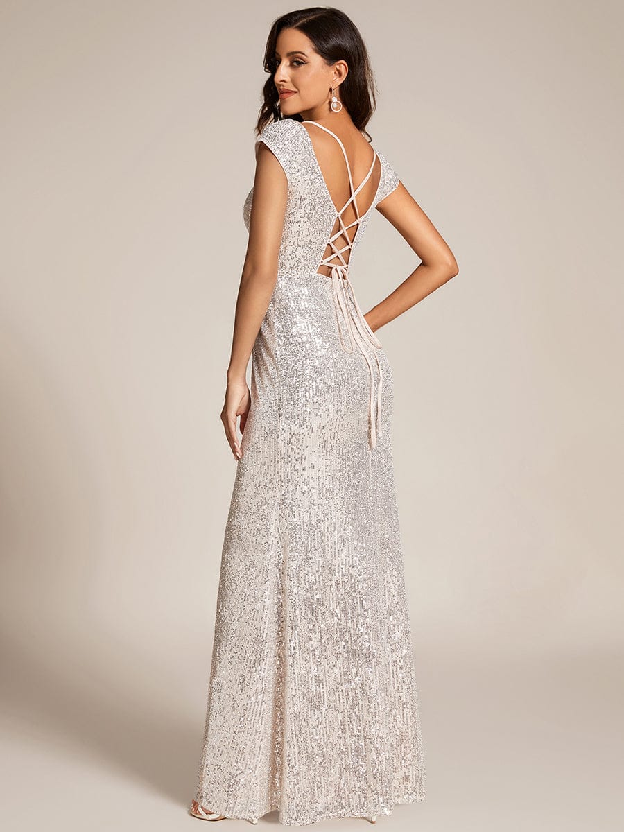 Custom Size Sequin V-Neck High Slit Lace-Up Back Evening Dress #color_Champagne Custom Size Sequin V-Neck High Slit Lace-Up Back Evening Dress
