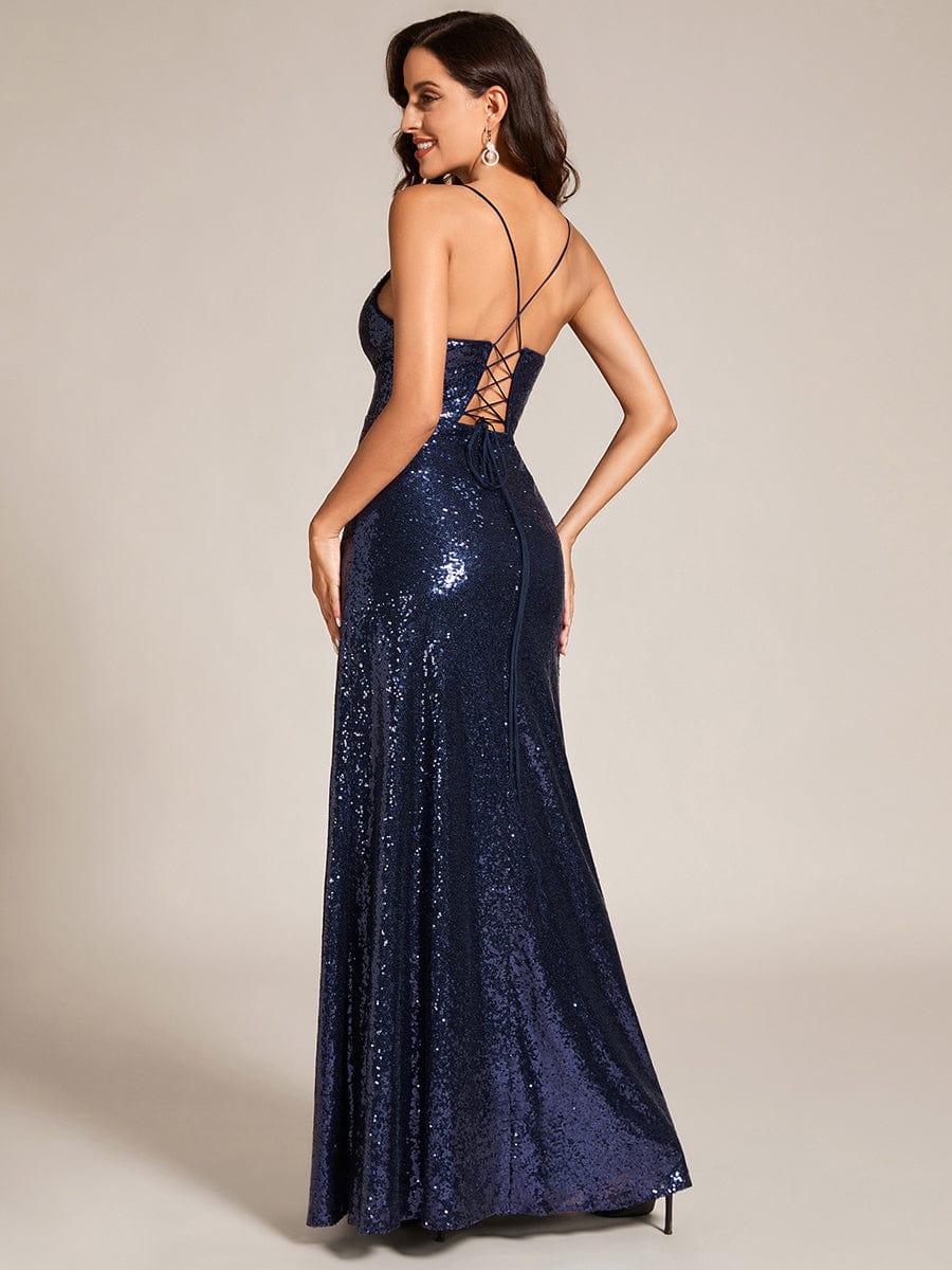 Custom Size Spaghetti Strap Sequin Side Slit Lace-Up Bodycon Evening Dresses #color_Navy Blue